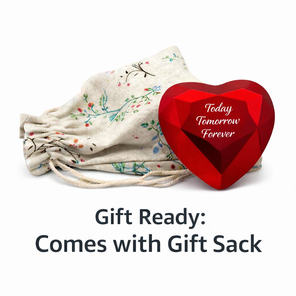 Red heart-shaped object with 'Today Tomorrow Forever' text next to an embroidered gift sack on a white background.