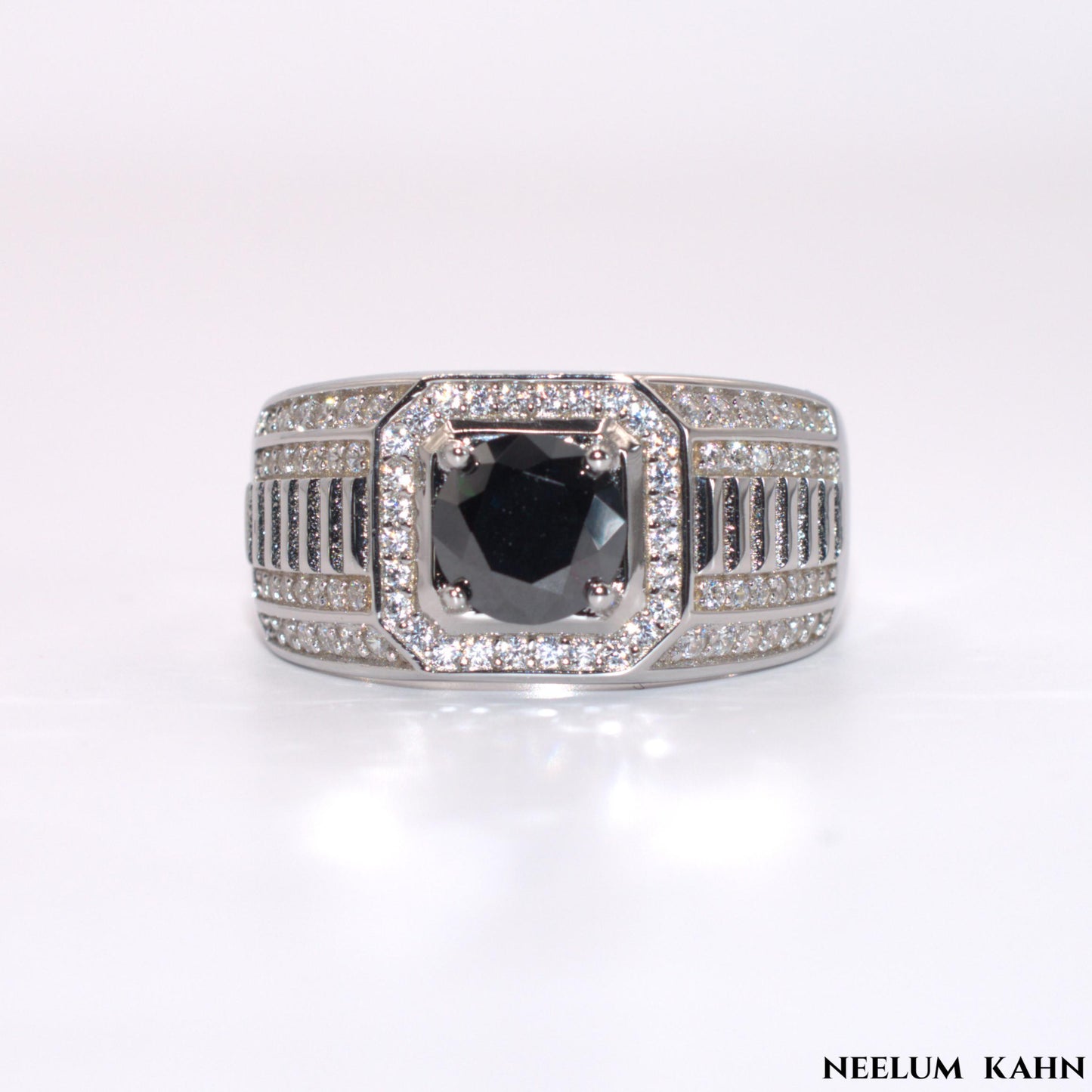 Certified 1Ct Black Moissanite Diamond Ring for Men with Gift Wooden Ring Box