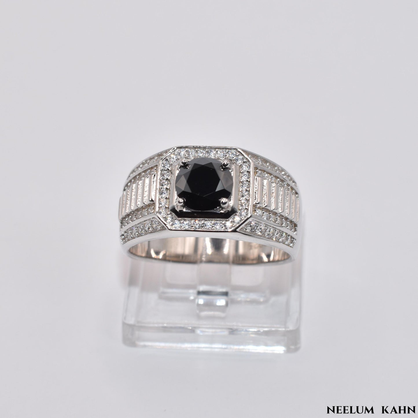 Certified 1Ct Black Moissanite Diamond Ring for Men with Gift Wooden Ring Box