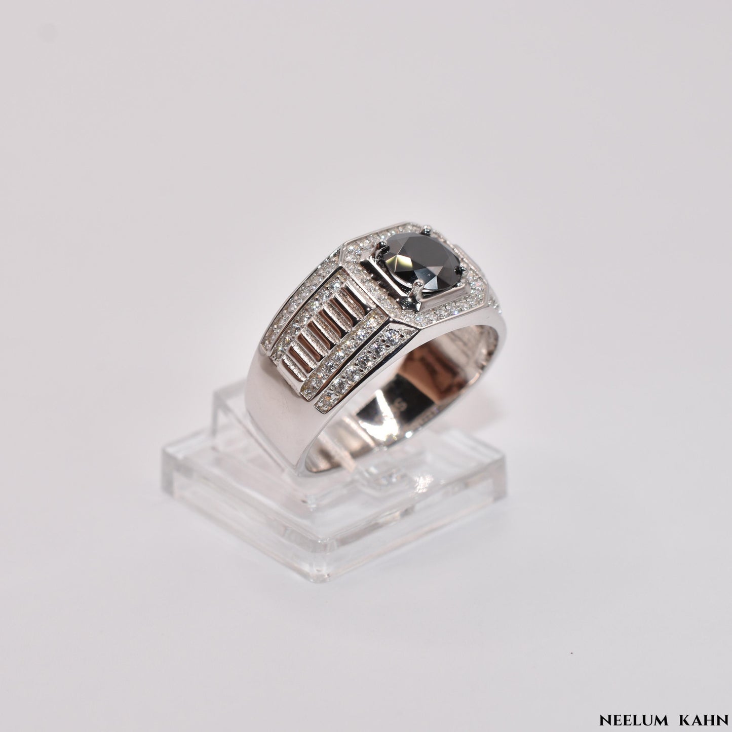 Certified 1Ct Black Moissanite Diamond Ring for Men with Gift Wooden Ring Box