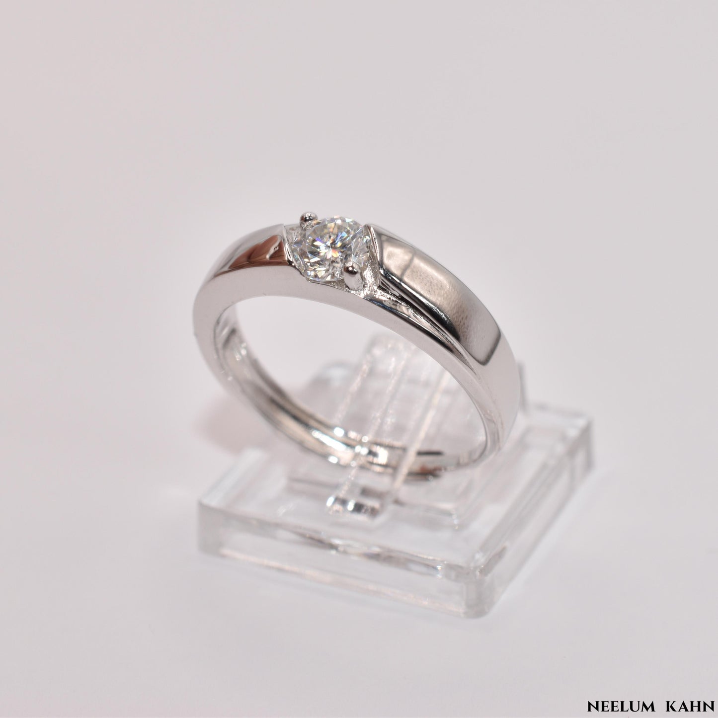 S925 Sterling Silver Moissanite Ring, 0.5Ct Diamond Equivalent, Adjustable Men's Band | LED Ring Box Included