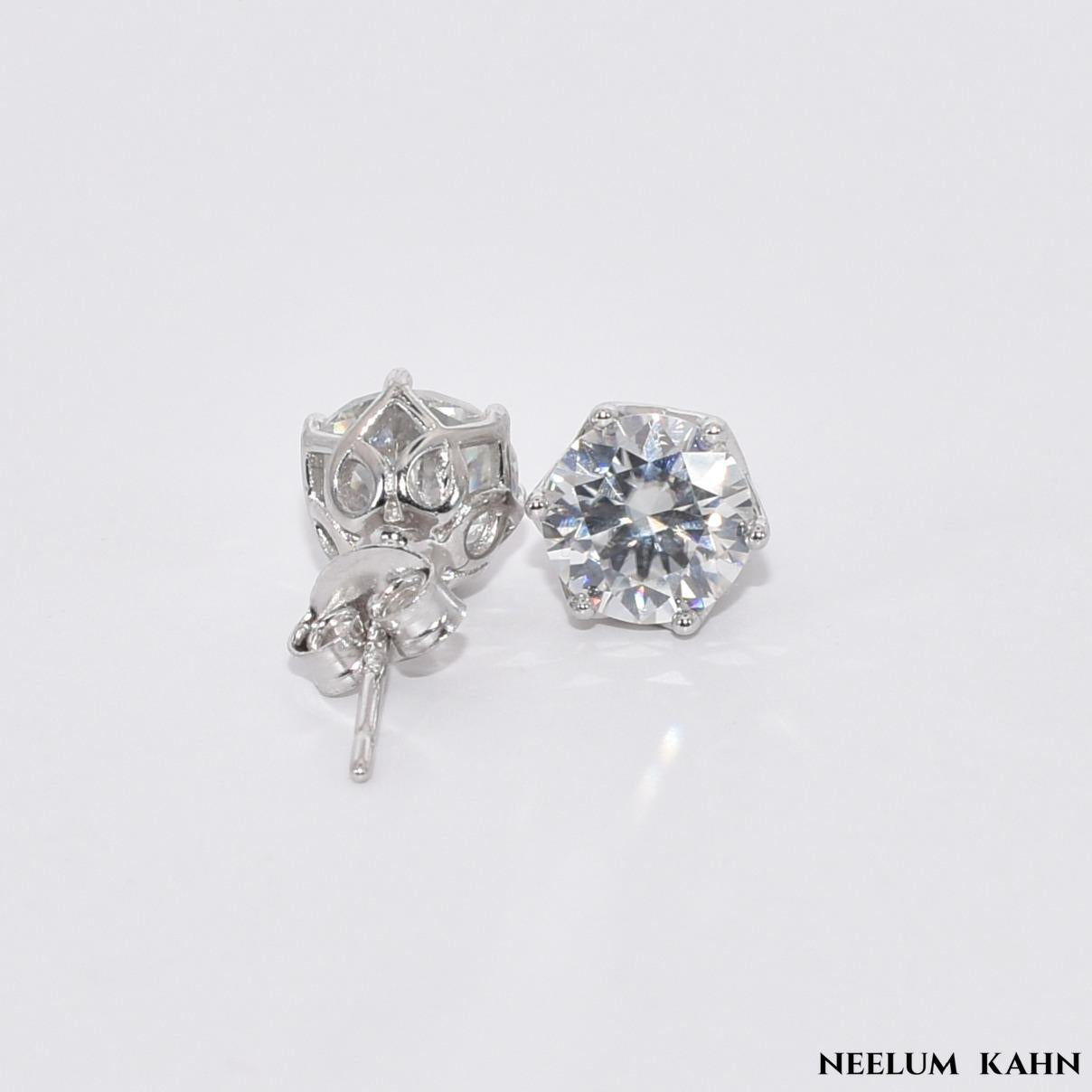 2ct Moissanite Diamond Stud Earrings, 925 Sterling Silver, Round Cut, D Color, VVS1 Clarity, Push Back Studs with Free Gift LED Light Heart Box