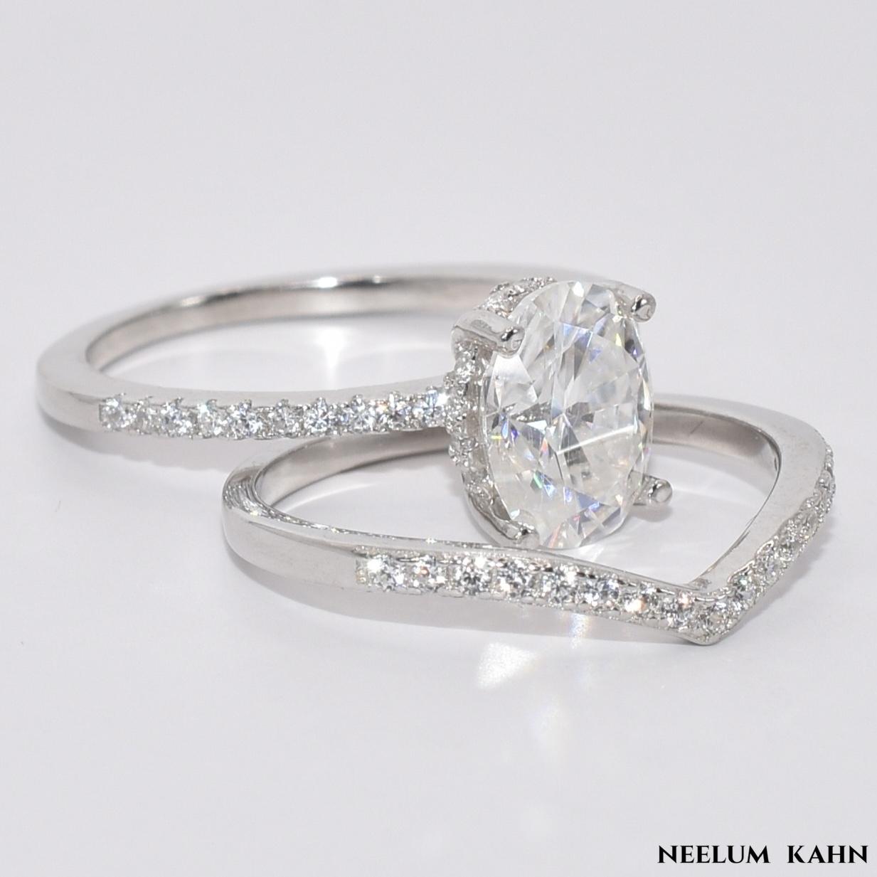 Certified 2.19Ct Moissanite Diamond Oval Hidden Halo Band set S925 Silver Rings