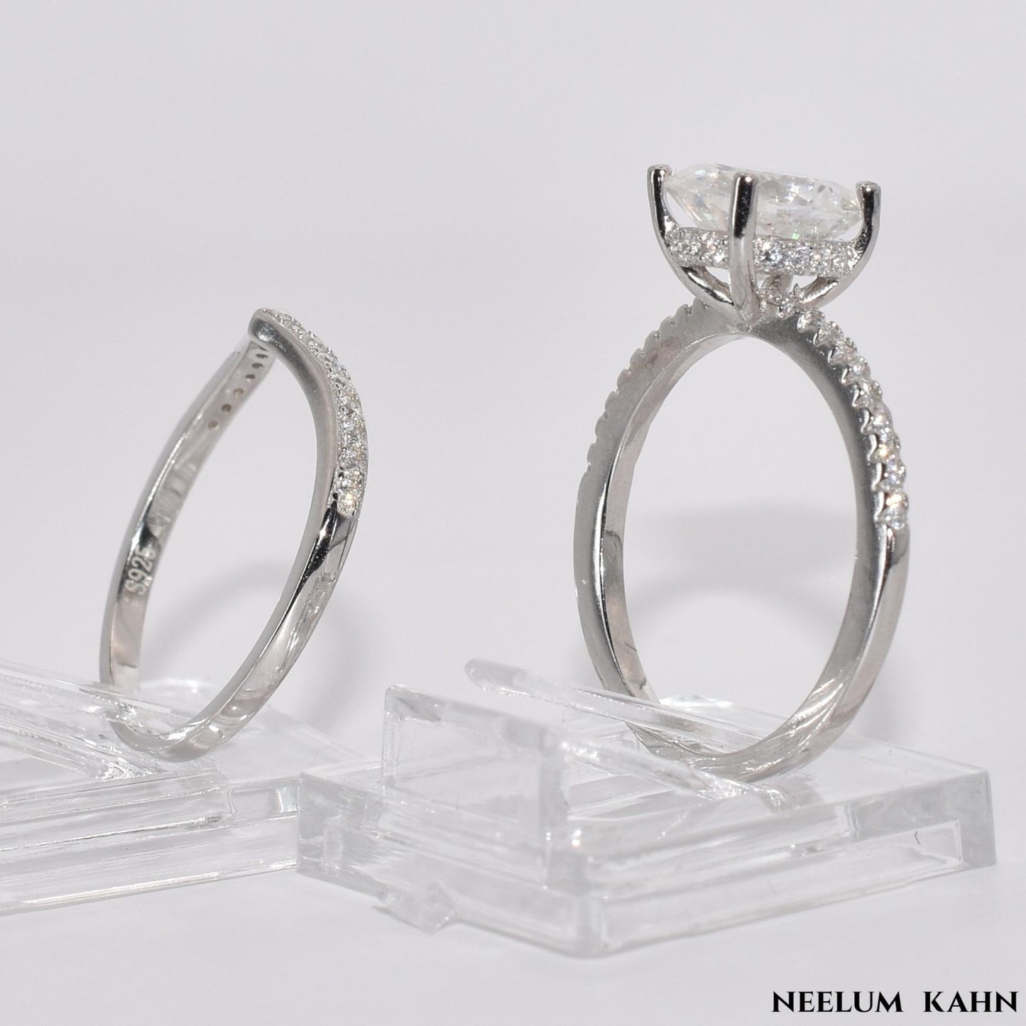 Certified 2.19Ct Moissanite Diamond Oval Hidden Halo Band set S925 Silver Rings
