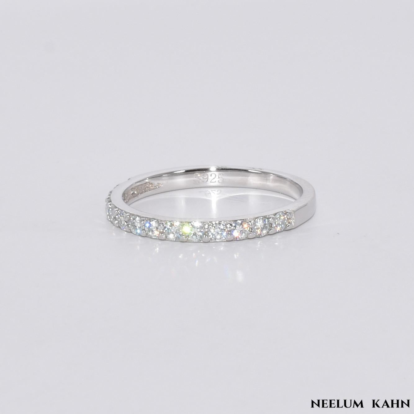 Sterling Silver Moissanite Band Ring, 0.19Ct Round Cut, VVS1 Clarity, Size Options, LED Red Heart Ring Box and Gift Sack Included
