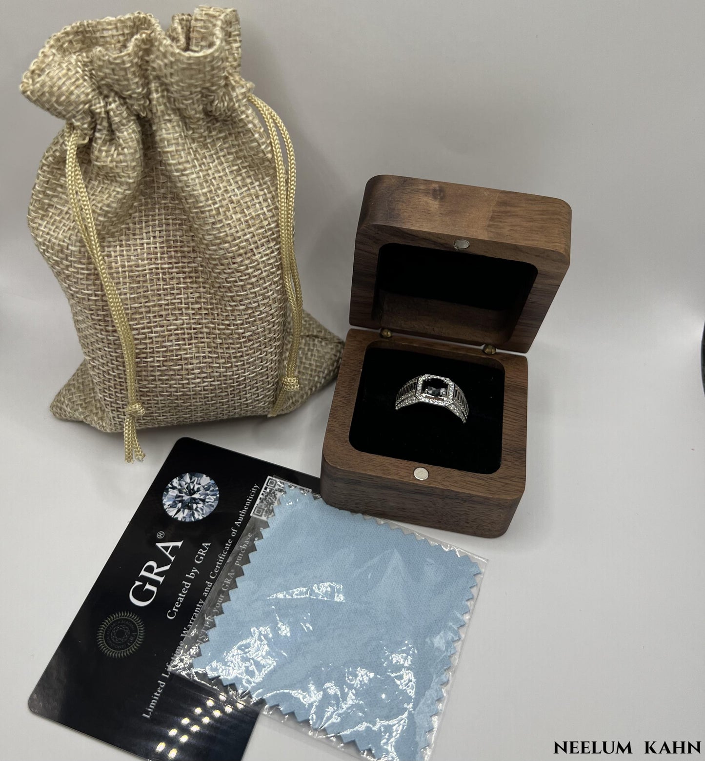 Certified 1Ct Black Moissanite Diamond Ring for Men with Gift Wooden Ring Box