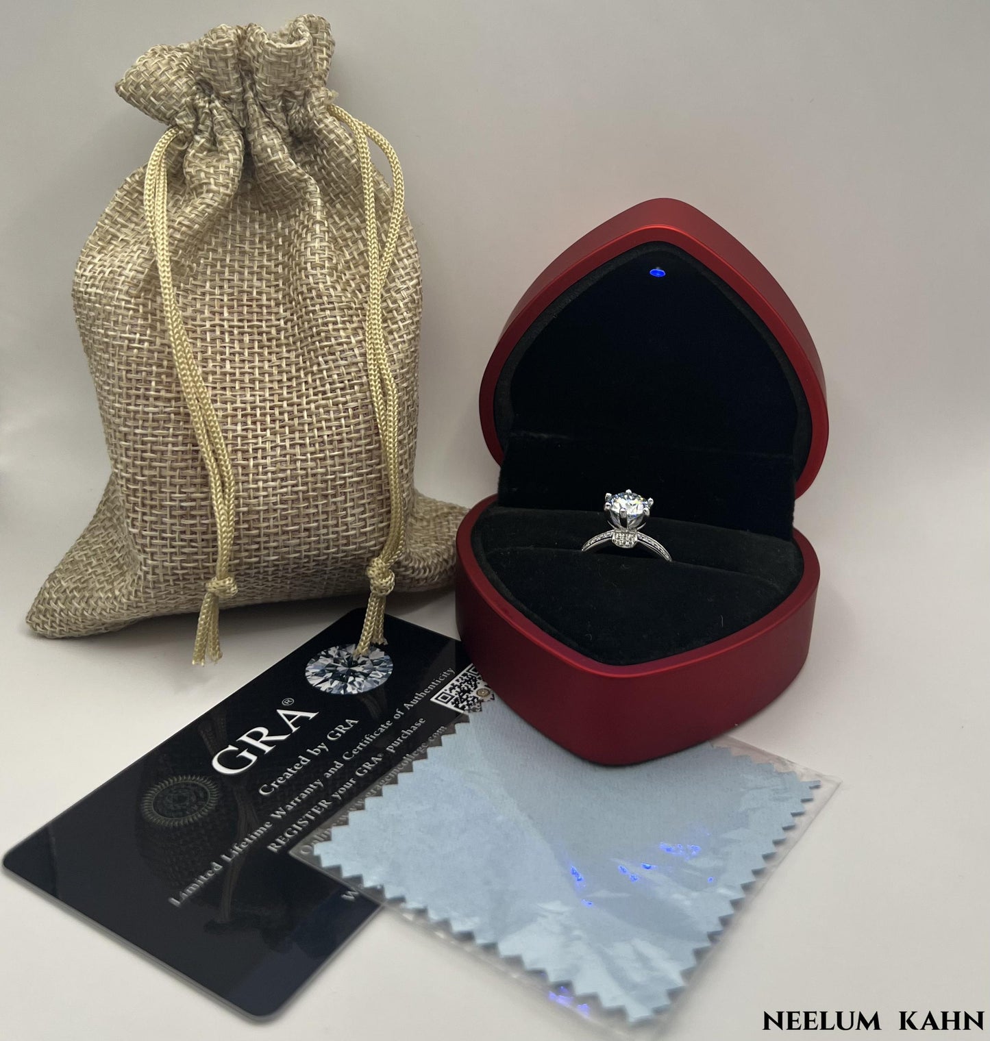 Certified 2Ct Moissanite Diamond Wide Band Proposal Platinum Plated S925 Silver Ring with LED Ring Box