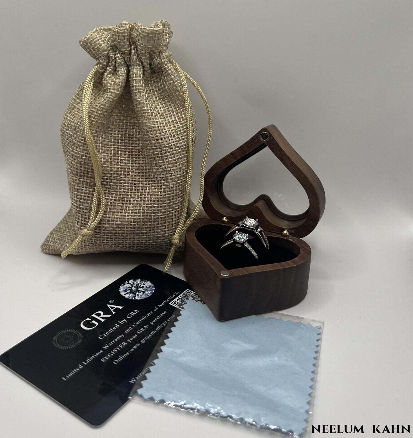 Certified 2Ct (1Ct Each) Moissanite S925 Silver Couple Adjustable Rings With Wooden Heart Ring Box