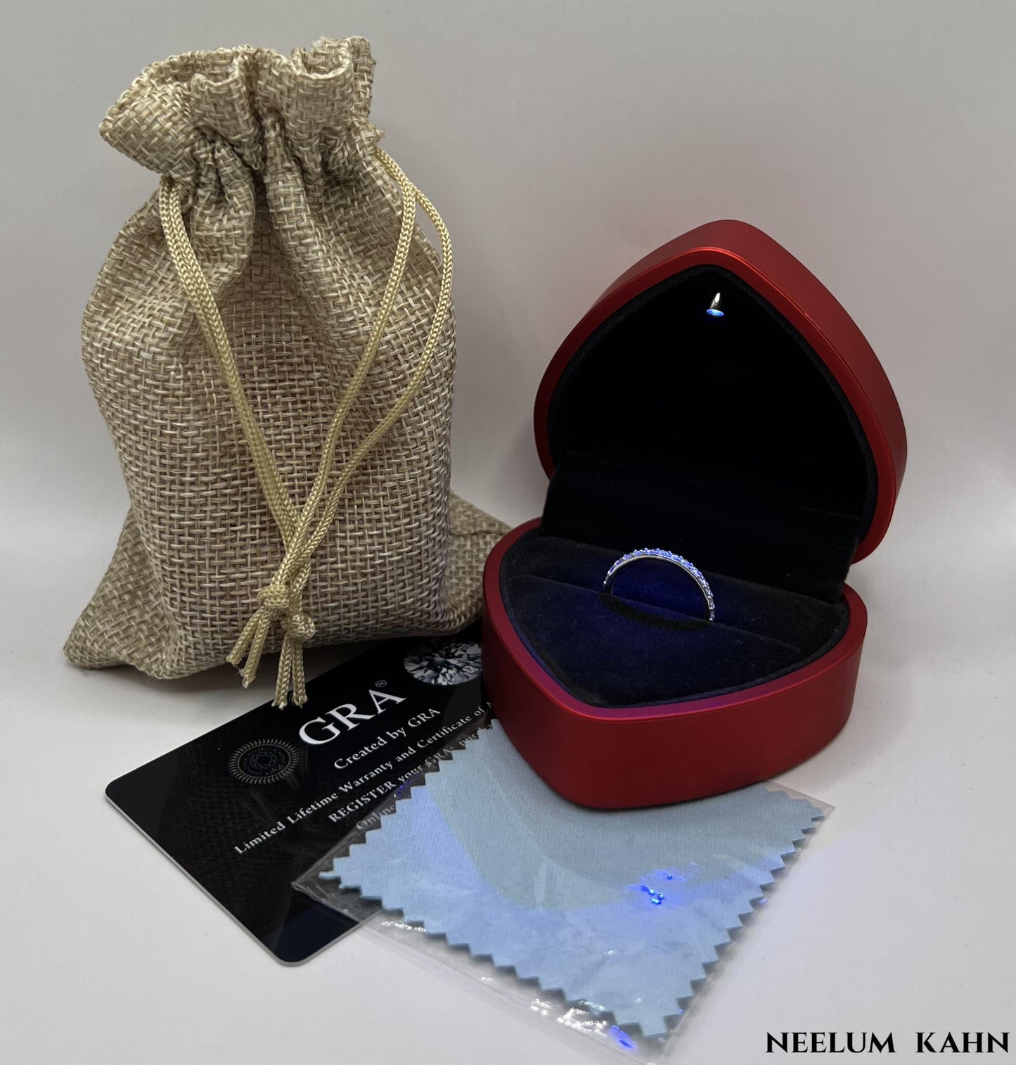 Sterling Silver Moissanite Band Ring, 0.19Ct Round Cut, VVS1 Clarity, Size Options, LED Red Heart Ring Box and Gift Sack Included