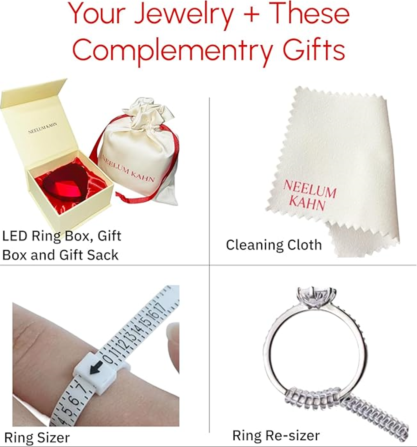 Set of jewelry accessories including an LED ring box, cleaning cloth, ring sizer, and ring re-sizer with Neelum Kahn branding.