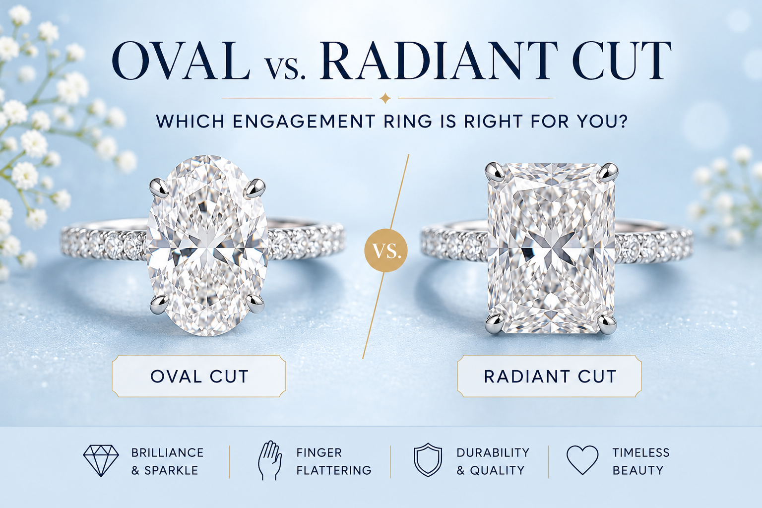 An image showing an oval cut ring vs a radiant cut ring. 