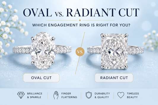 An image showing an oval cut ring vs a radiant cut ring. 