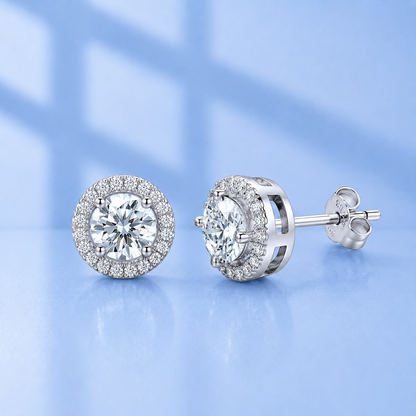 Moissanite Halo Stud Earrings – 0.5 Ct & 1 Ct Each