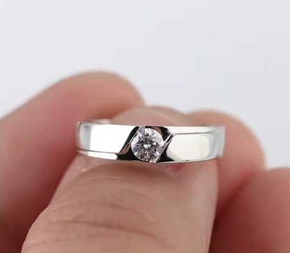 S925 Sterling Silver Moissanite Ring, 0.5Ct Diamond Equivalent, Adjustable Men's Band | LED Ring Box Included