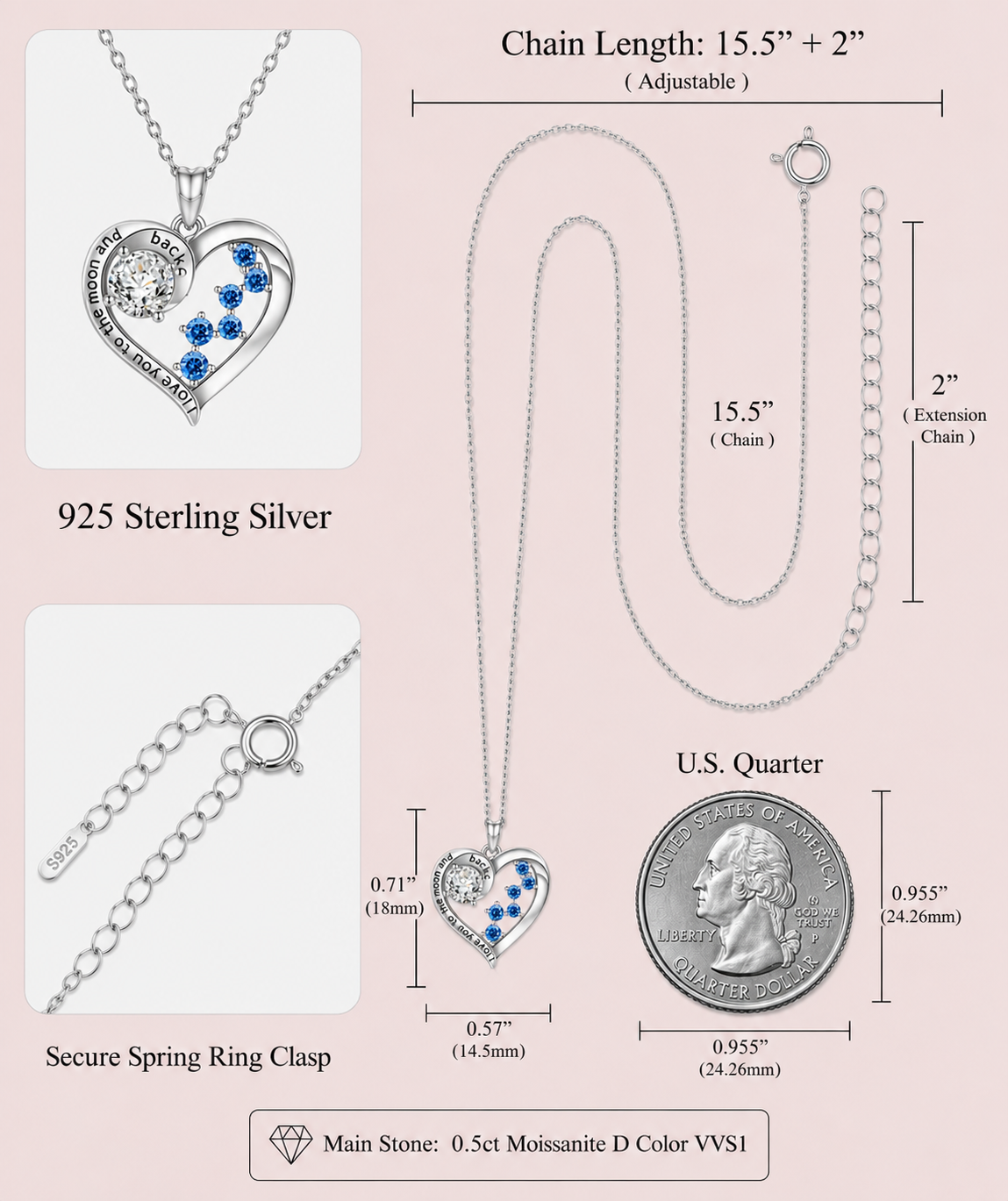 0.5ct Moissanite Heart Necklace | S925 Silver | VVS1 | 18.2" Chain