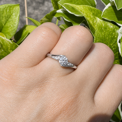 A silver ring with a round-cut clear center stone and smaller side stones, worn on a person's finger with green variegated houseplant leaves in the background.