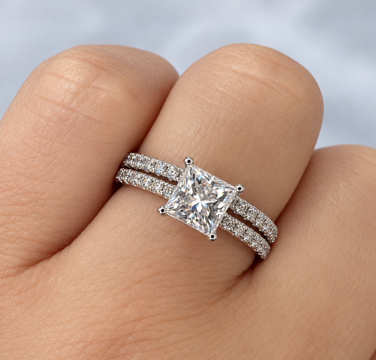 1.19ct Moissanite Princess Cut Wedding Band Set | S925 Silver | VVS1 | 2 Rings
