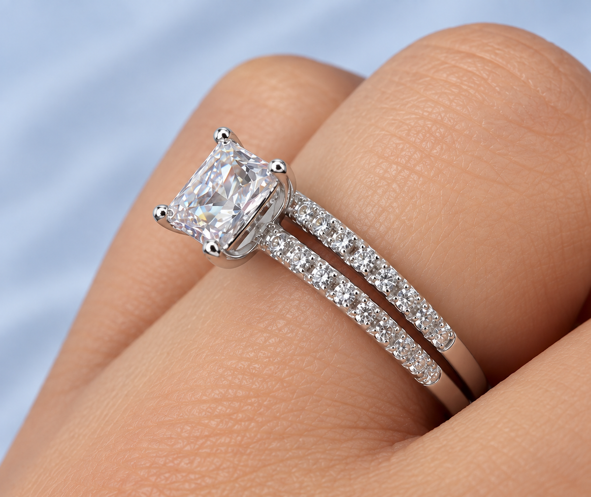 1.19ct Moissanite Princess Cut Wedding Band Set | S925 Silver | VVS1 | 2 Rings