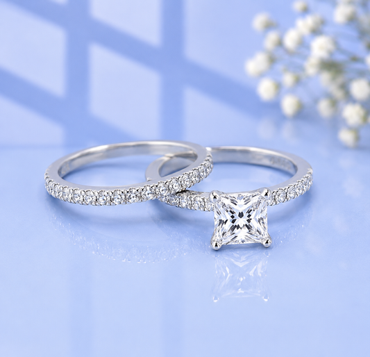 1.19ct Moissanite Princess Cut Wedding Band Set | S925 Silver | VVS1 | 2 Rings