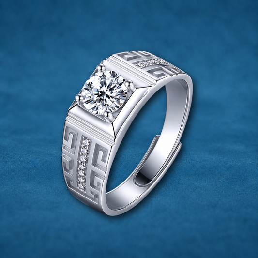 Certified 1ct Moissanite Adjustable Men's Ring | White Gold Plated S925 | Greek Key Design Ring