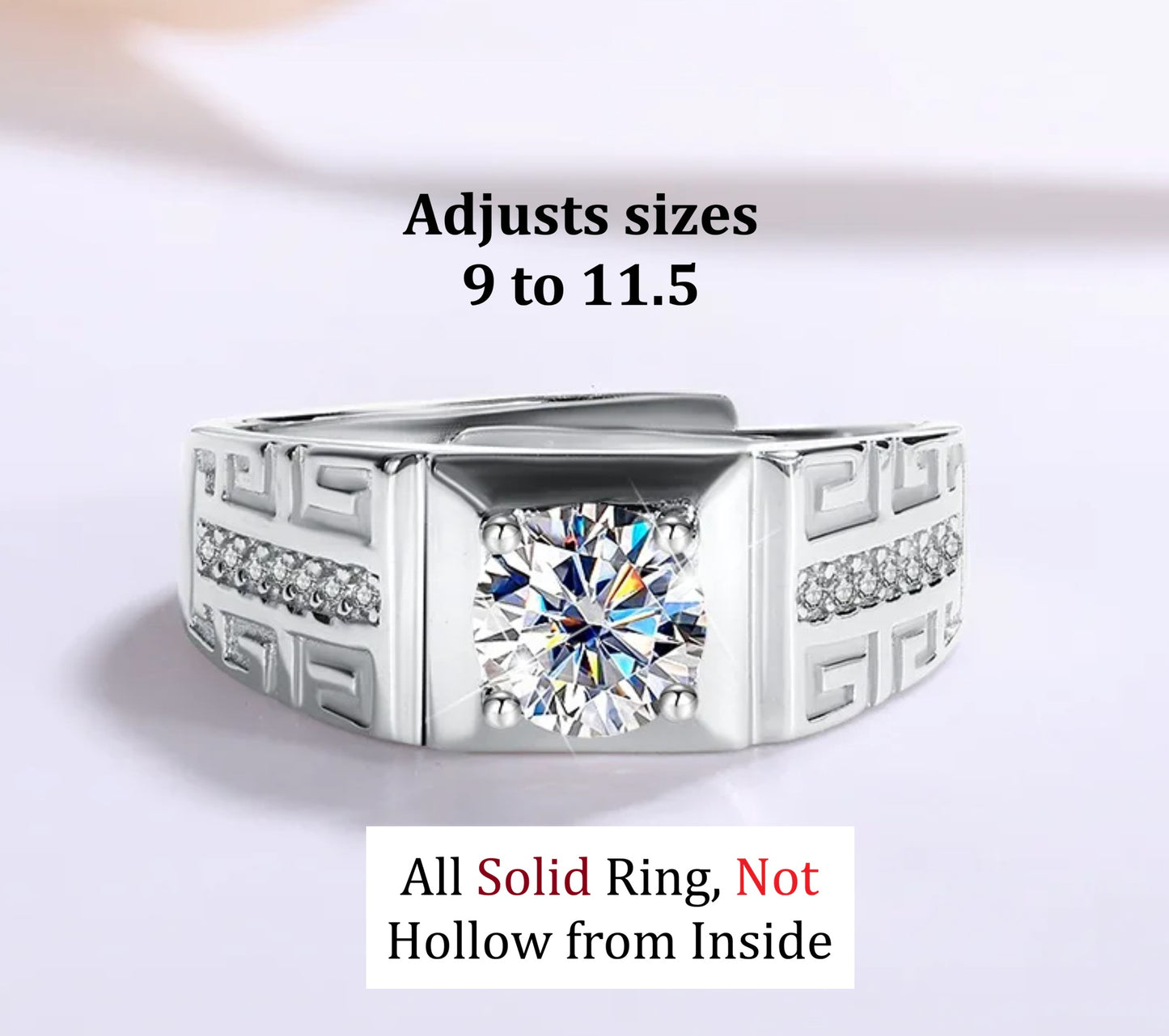 1ct Moissanite Adjustable Men's Ring | White Gold Plated S925 | Greek Key Design Ring