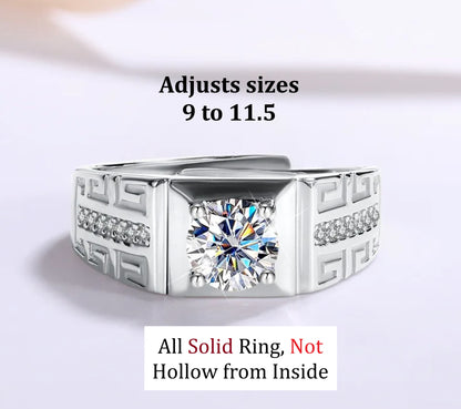 1ct Moissanite Adjustable Men's Ring | White Gold Plated S925 | Greek Key Design Ring