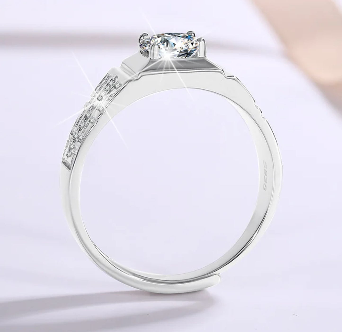 1ct Moissanite Adjustable Men's Ring | White Gold Plated S925 | Greek Key Design Ring