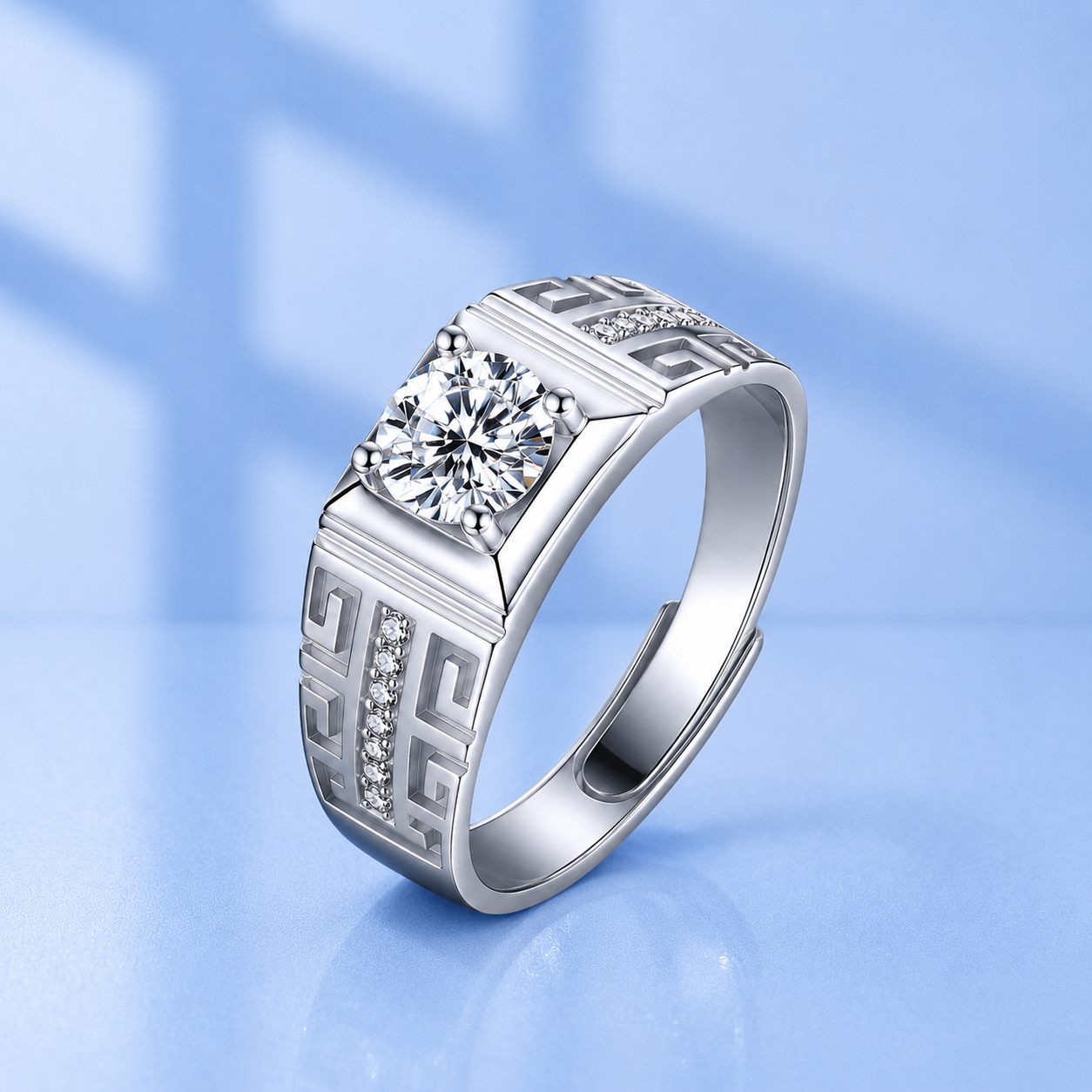 1ct Moissanite Adjustable Men's Ring | White Gold Plated S925 | Greek Key Design Ring