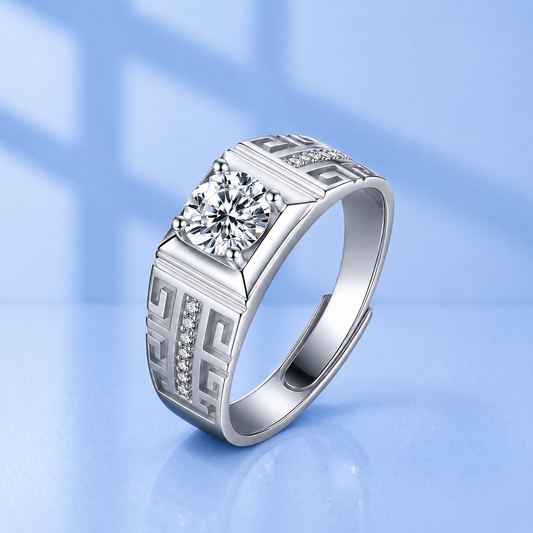 1ct Moissanite Adjustable Men's Ring | White Gold Plated S925 | Greek Key Design Ring