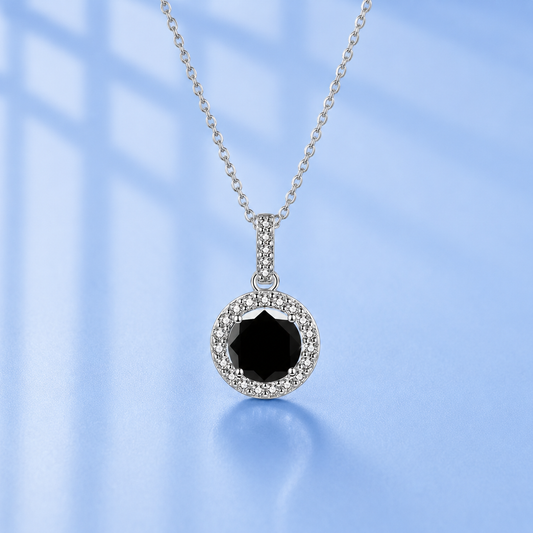1 Ct Black Moissanite Halo Pendant Necklace – 925 Sterling Silver