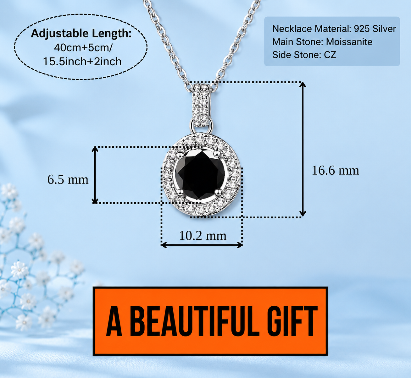 1 Ct Black Moissanite Halo Pendant Necklace – 925 Sterling Silver