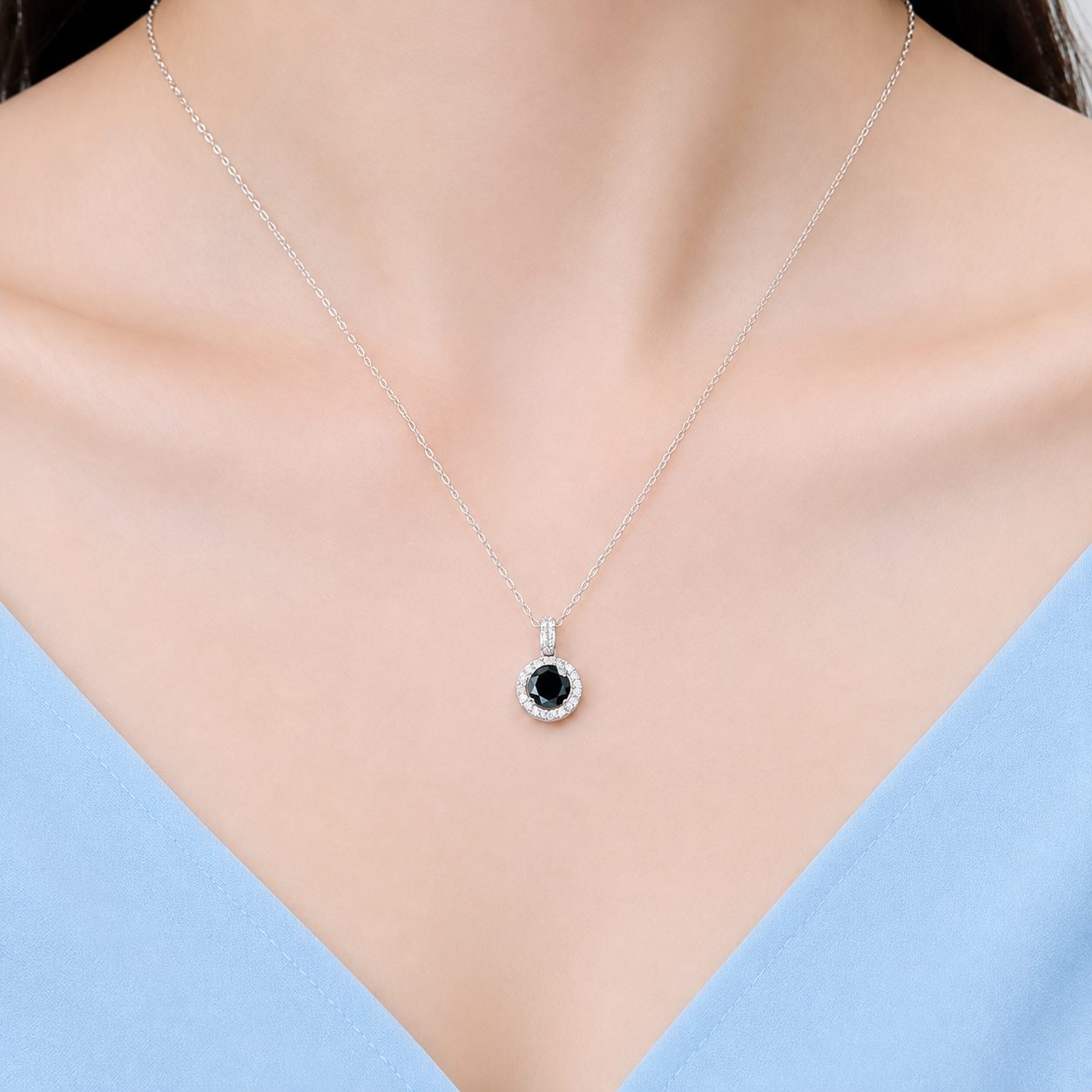 1 Ct Black Moissanite Halo Pendant Necklace – 925 Sterling Silver