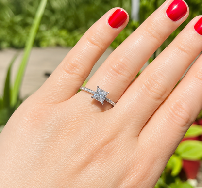1 Ct Princess Cut Zircon Engagement Ring with Pavé Band | Sterling Silver