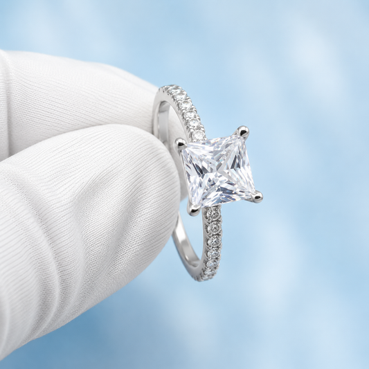 1 Ct Princess Cut Zircon Engagement Ring with Pavé Band | Sterling Silver