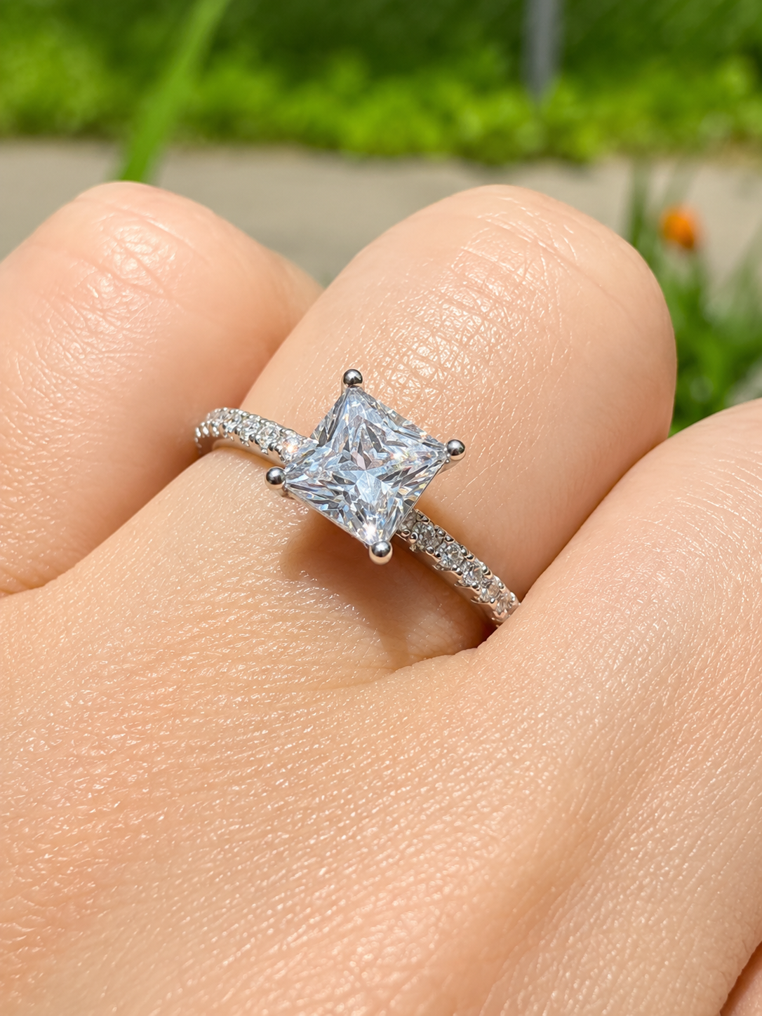 1 Ct Princess Cut Zircon Engagement Ring with Pavé Band | Sterling Silver
