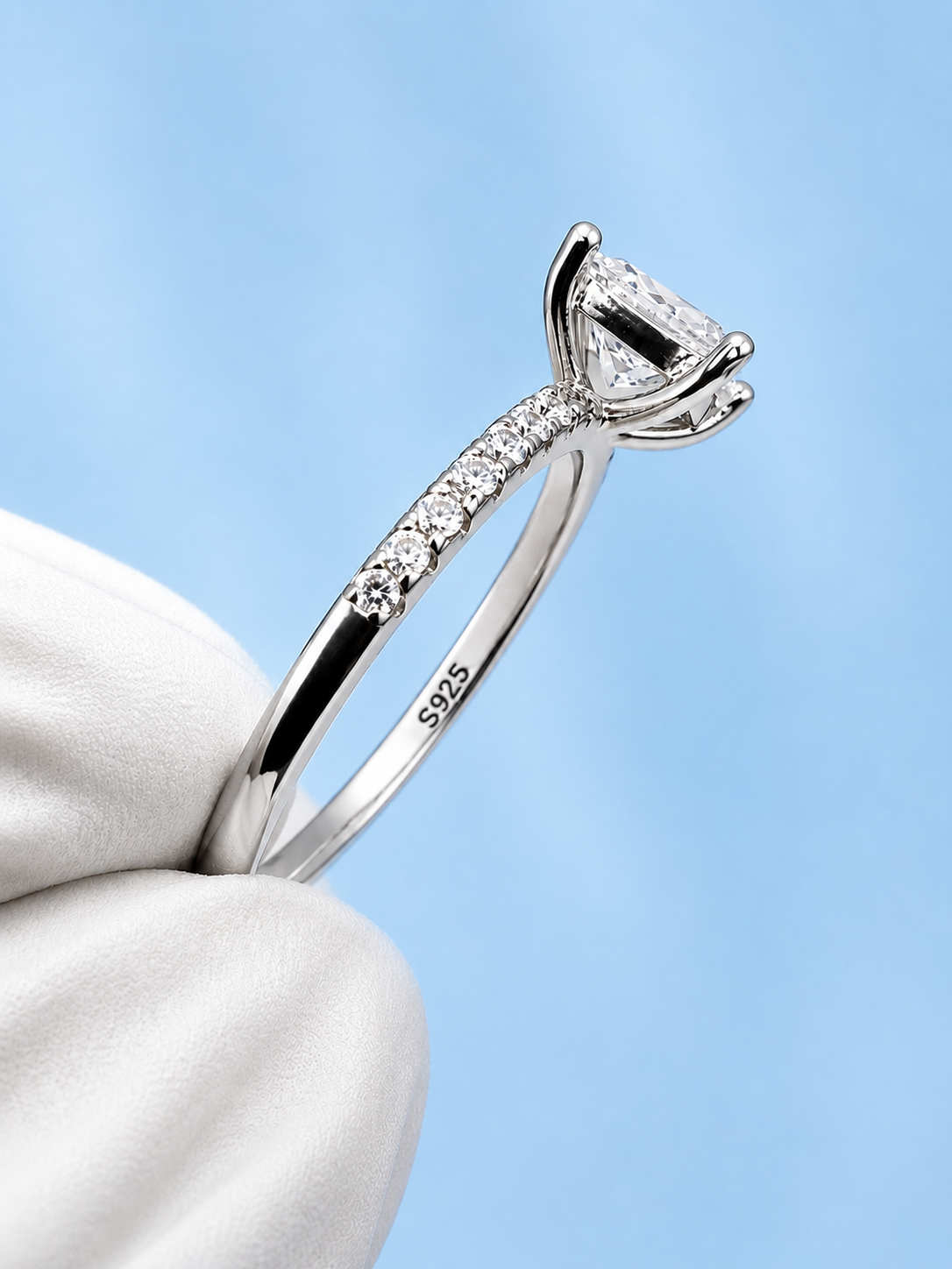 1 Ct Princess Cut Zircon Engagement Ring with Pavé Band | Sterling Silver