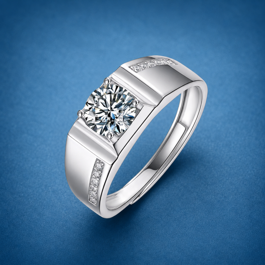 Certified 1ct Moissanite Men's Ring in Pave Setting | Adjustable | 18K Gold Plated S925 Silver | VVS1