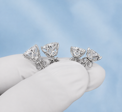 Round Cut Moissanite Stud Earrings | 1Ct Each and 2Ct Each Push Back Studs | 18K Gold Plated Sterling Silver Unisex