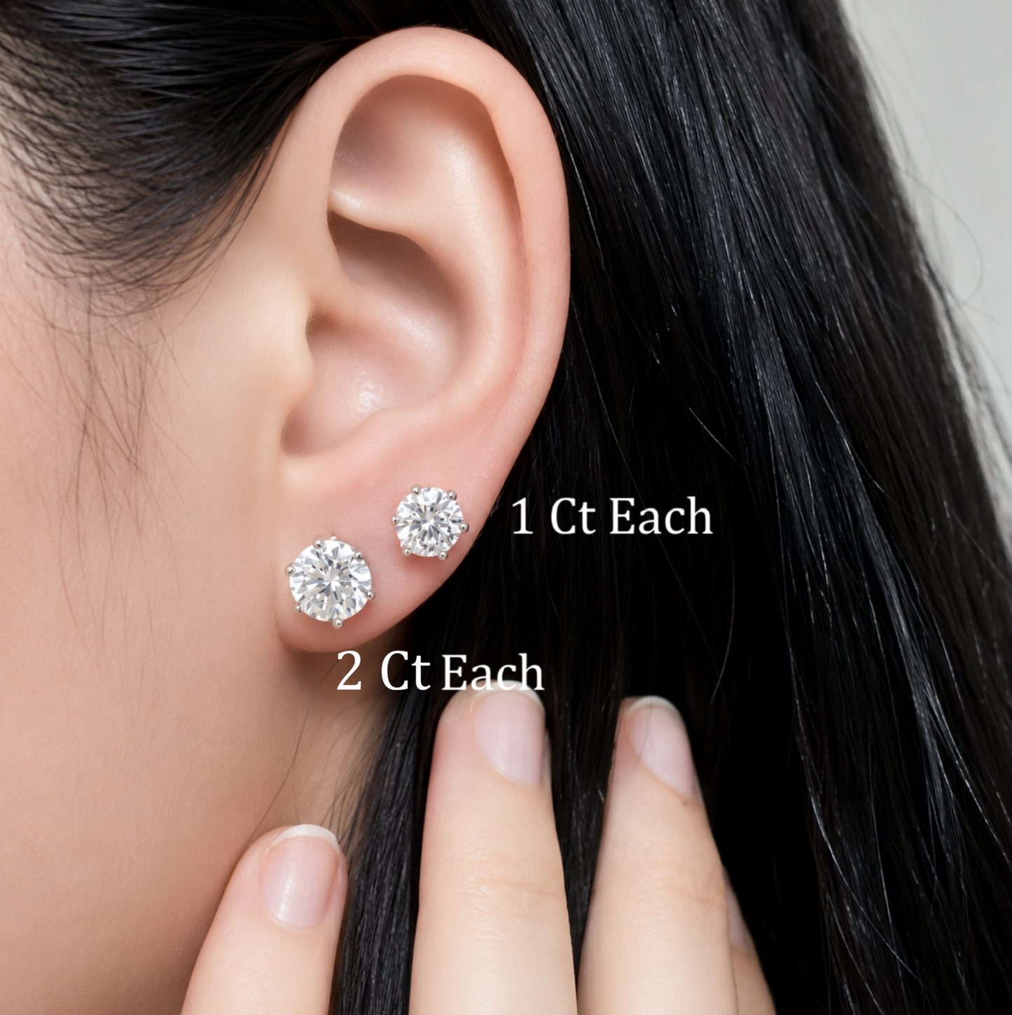 Round Cut Moissanite Stud Earrings | 1Ct Each and 2Ct Each Push Back Studs | 18K Gold Plated Sterling Silver Unisex