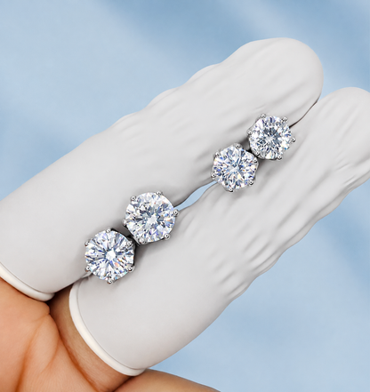 Round Cut Moissanite Stud Earrings | 1Ct Each and 2Ct Each Push Back Studs | 18K Gold Plated Sterling Silver Unisex
