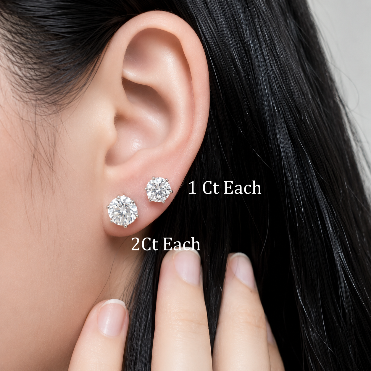 Round Cut Moissanite Stud Earrings | 1Ct Each and 2Ct Each Push Back Studs | 18K Gold Plated Sterling Silver Unisex