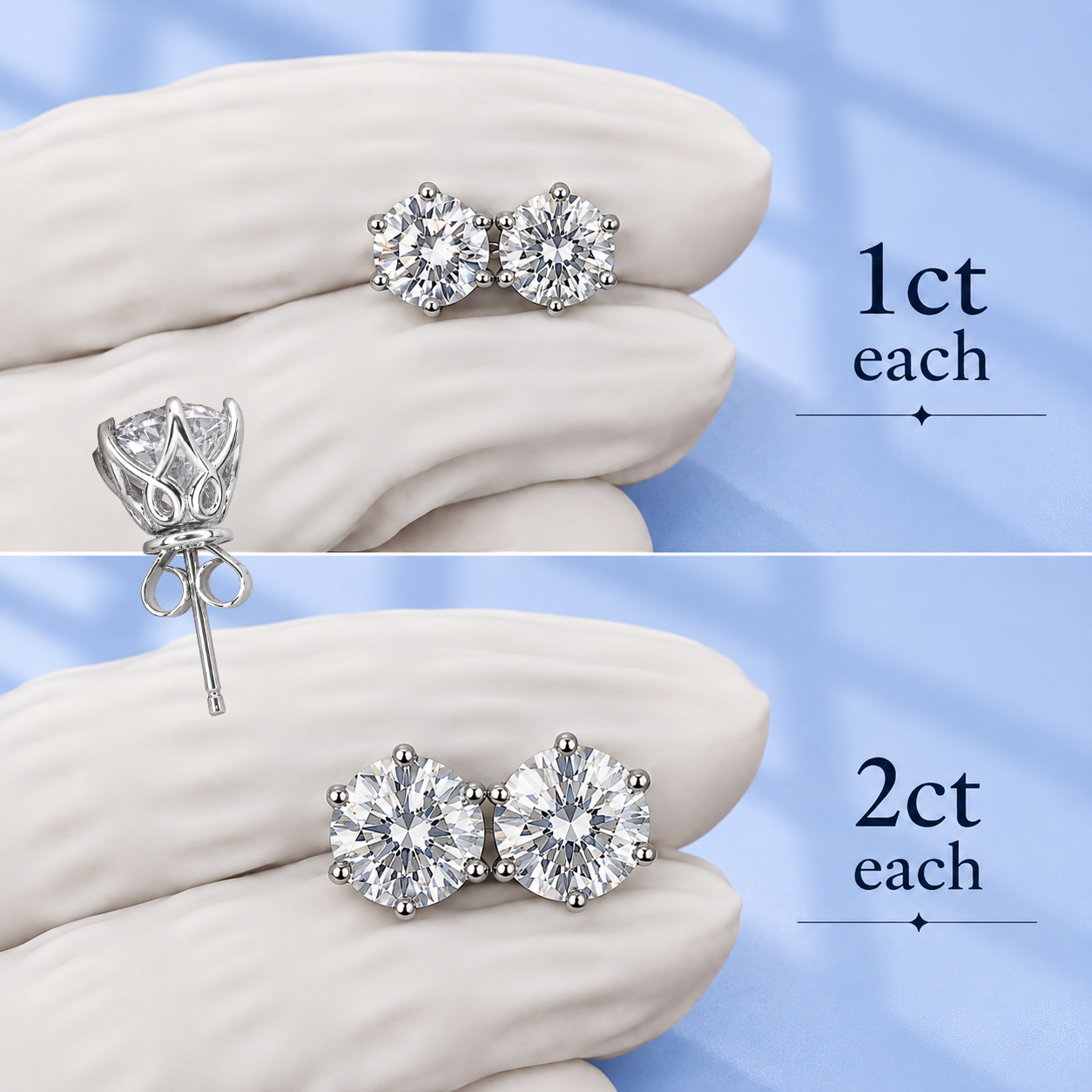 Round Cut Moissanite Stud Earrings | 1Ct Each and 2Ct Each Push Back Studs | 18K Gold Plated Sterling Silver Unisex