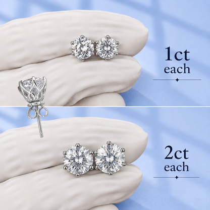 Round Cut Moissanite Stud Earrings | 1Ct Each and 2Ct Each Push Back Studs | 18K Gold Plated Sterling Silver Unisex