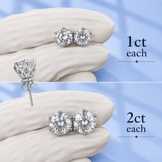 Round Cut Moissanite Stud Earrings | 1Ct Each and 2Ct Each Push Back Studs | 18K Gold Plated Sterling Silver Unisex