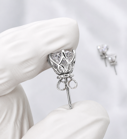 Round Cut Moissanite Stud Earrings | 1Ct Each and 2Ct Each Push Back Studs | 18K Gold Plated Sterling Silver Unisex