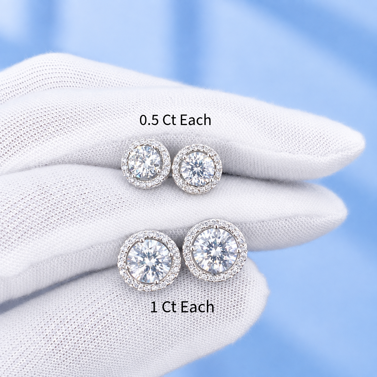 Moissanite Halo Stud Earrings – 0.5 Ct & 1 Ct Each