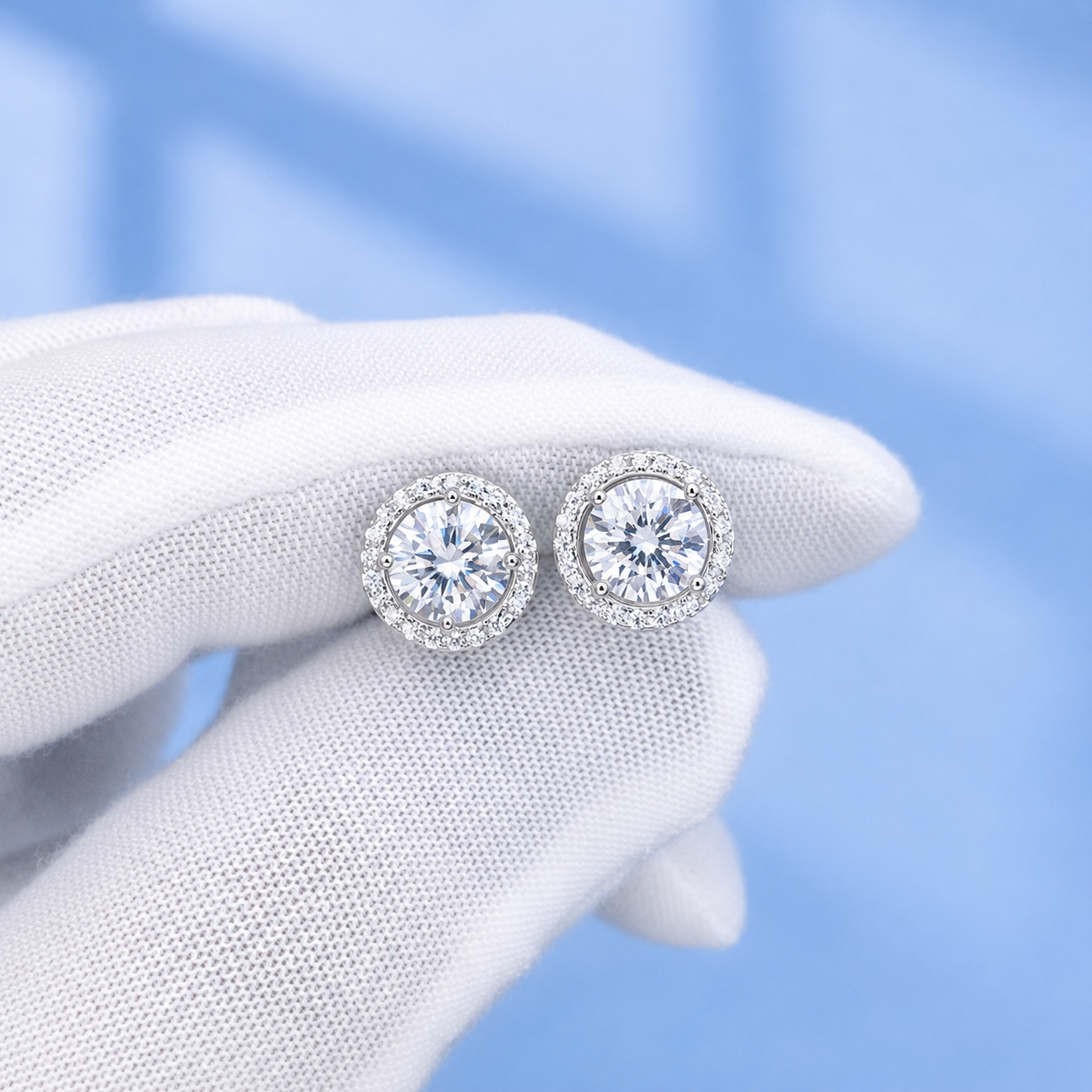 Moissanite Halo Stud Earrings – 0.5 Ct & 1 Ct Each