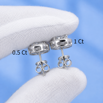 Moissanite Halo Stud Earrings – 0.5 Ct & 1 Ct Each