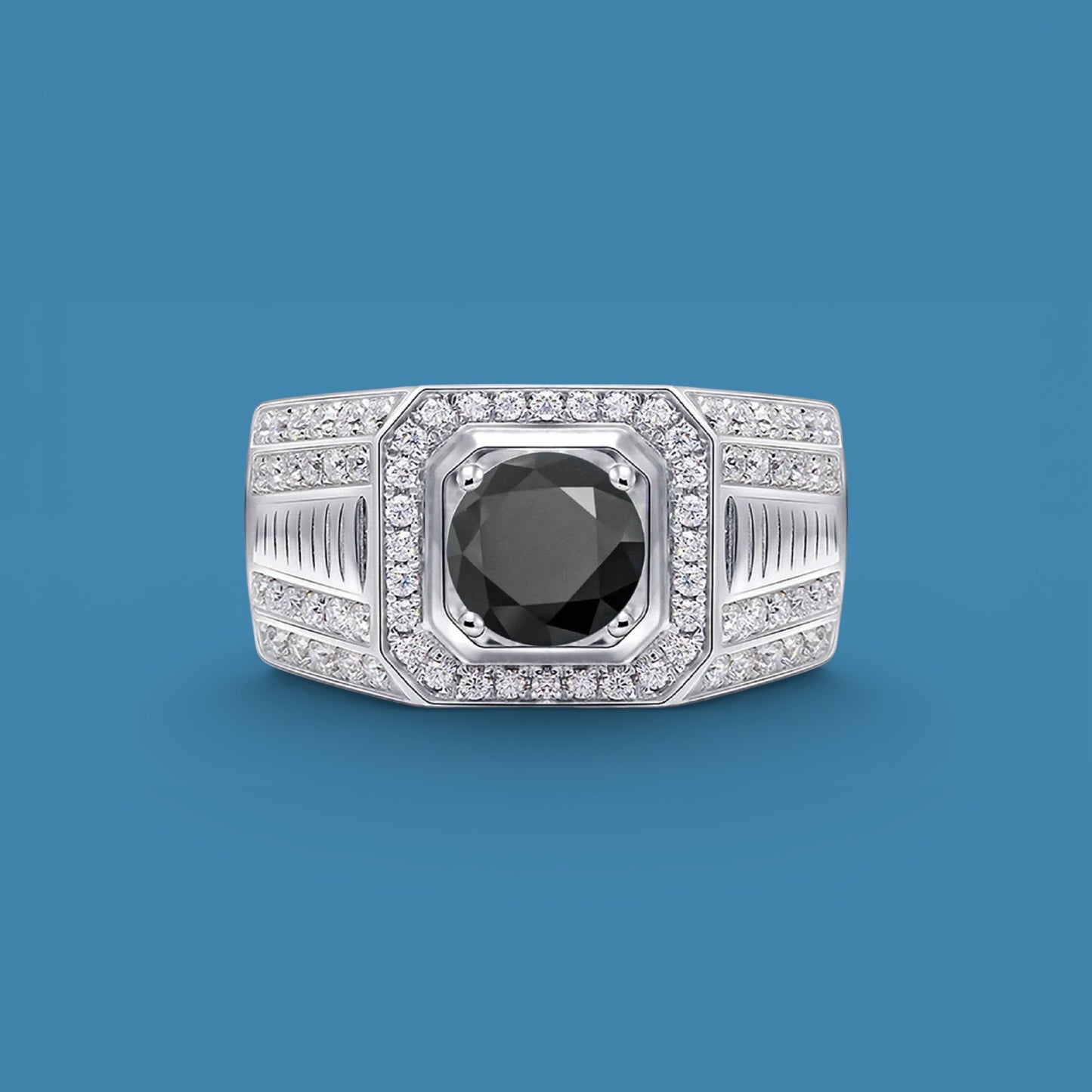 Certified 1Ct Black Moissanite Diamond Ring for Men with Gift Wooden Ring Box