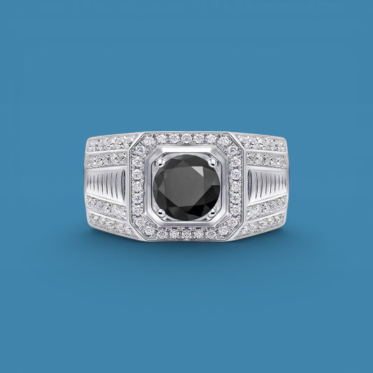 Certified 1Ct Black Moissanite Diamond Ring for Men with Gift Wooden Ring Box